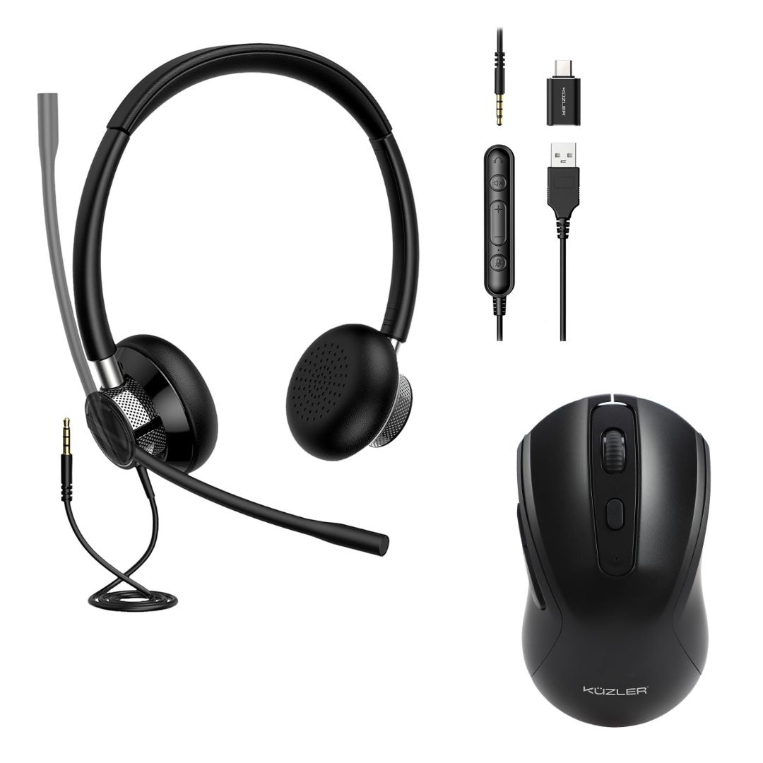 Home Office Combo: Audifono HeadSet USB/3.5mm + Mouse Inalambrico Silencioso