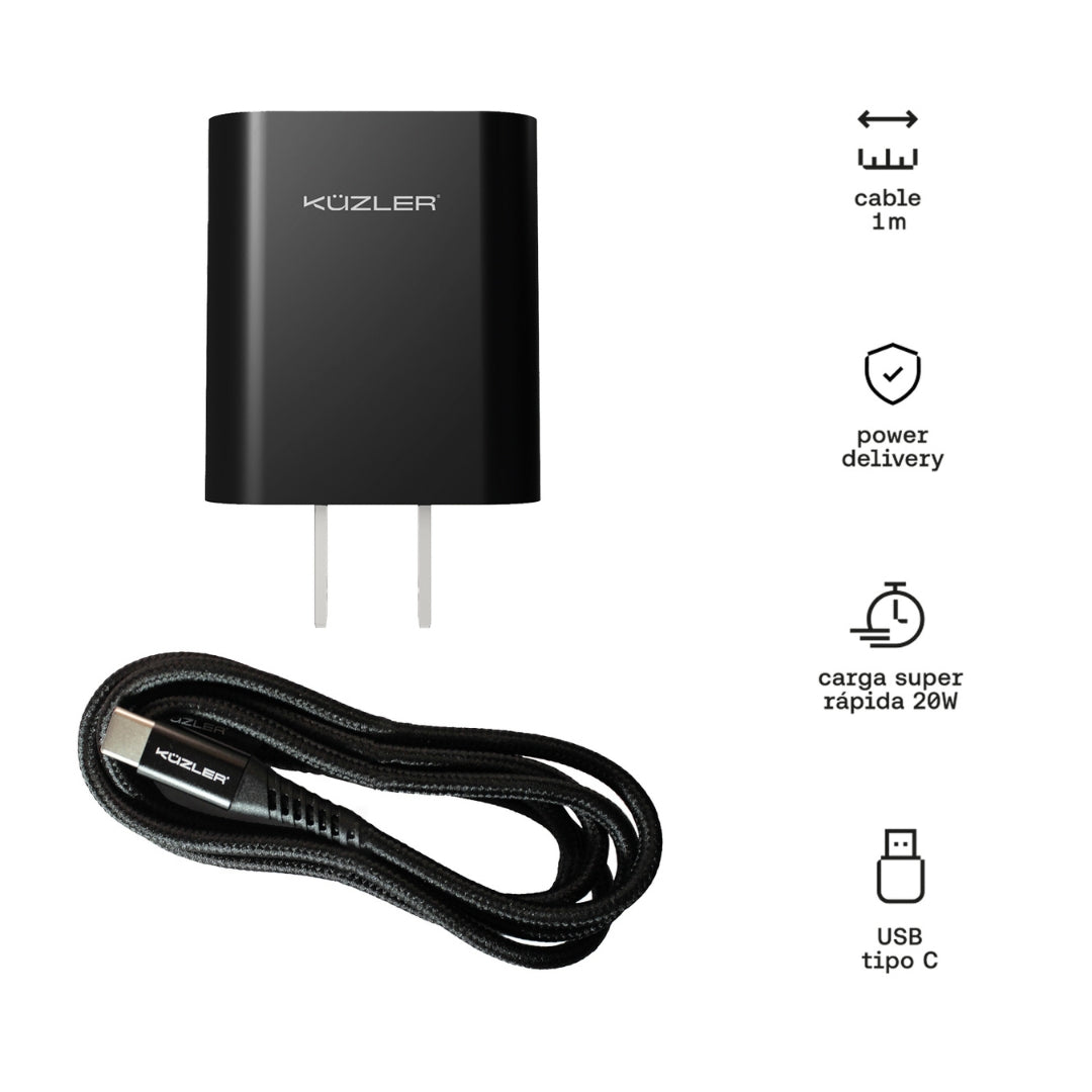 Combo: Cargador Adaptador 20W + Cable de carga rapida 1m 60W Compatible Apple, Android