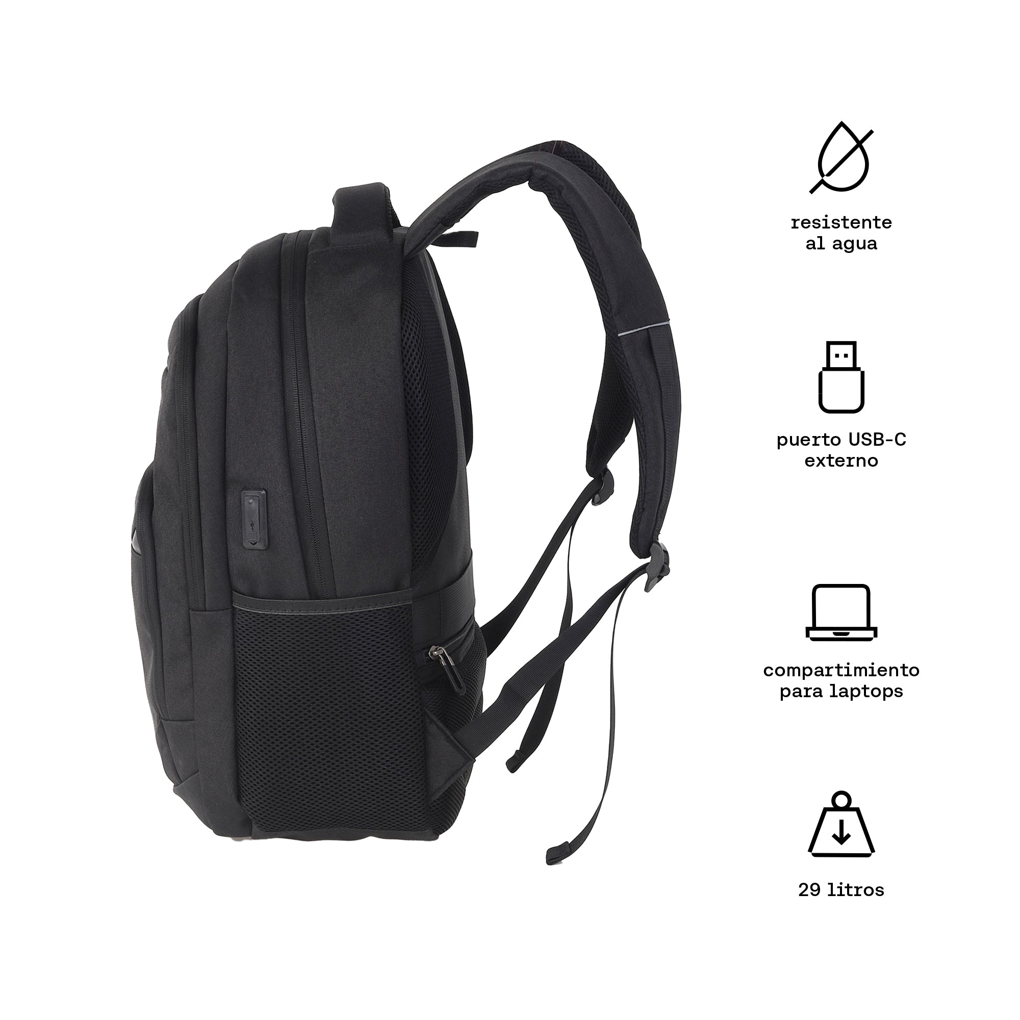 Mochila laptop 15.6" puerto cargador y bolsillo antirobo negro Kuzler