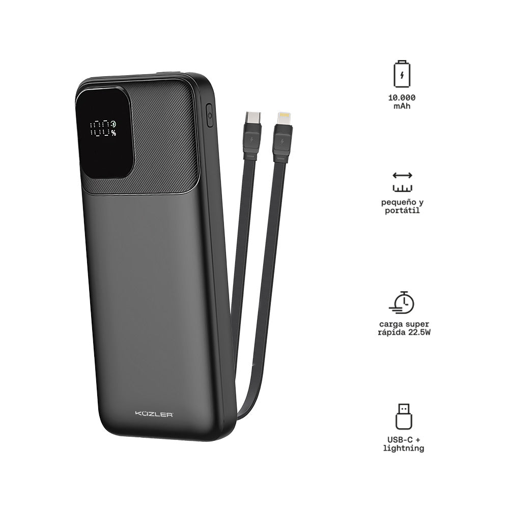 Powerbank Slim 10,000 mah carga super rápida 22,5W cables incorporados