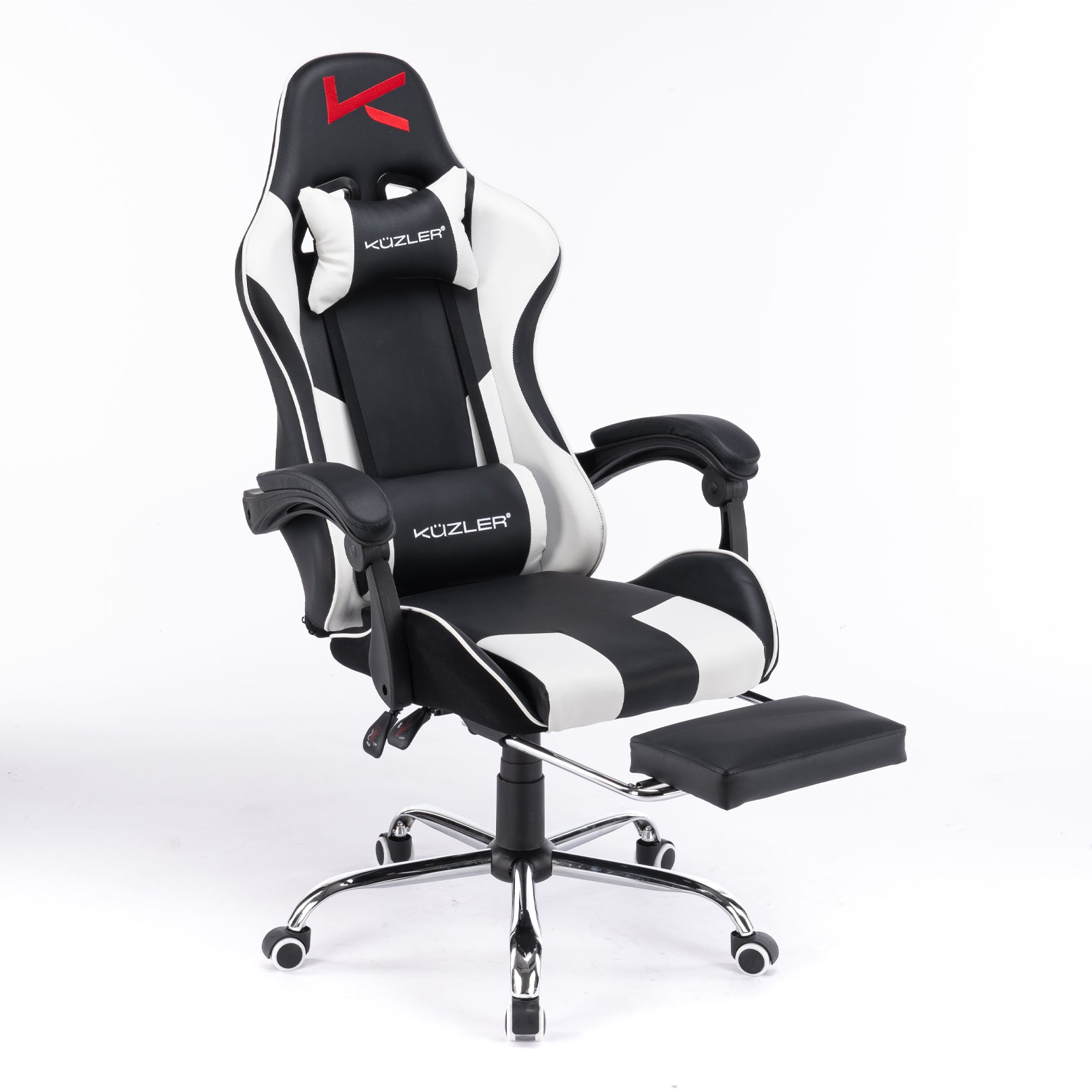 Silla Gamer blanca con masajeador lumbar, reposapiés y base metálica