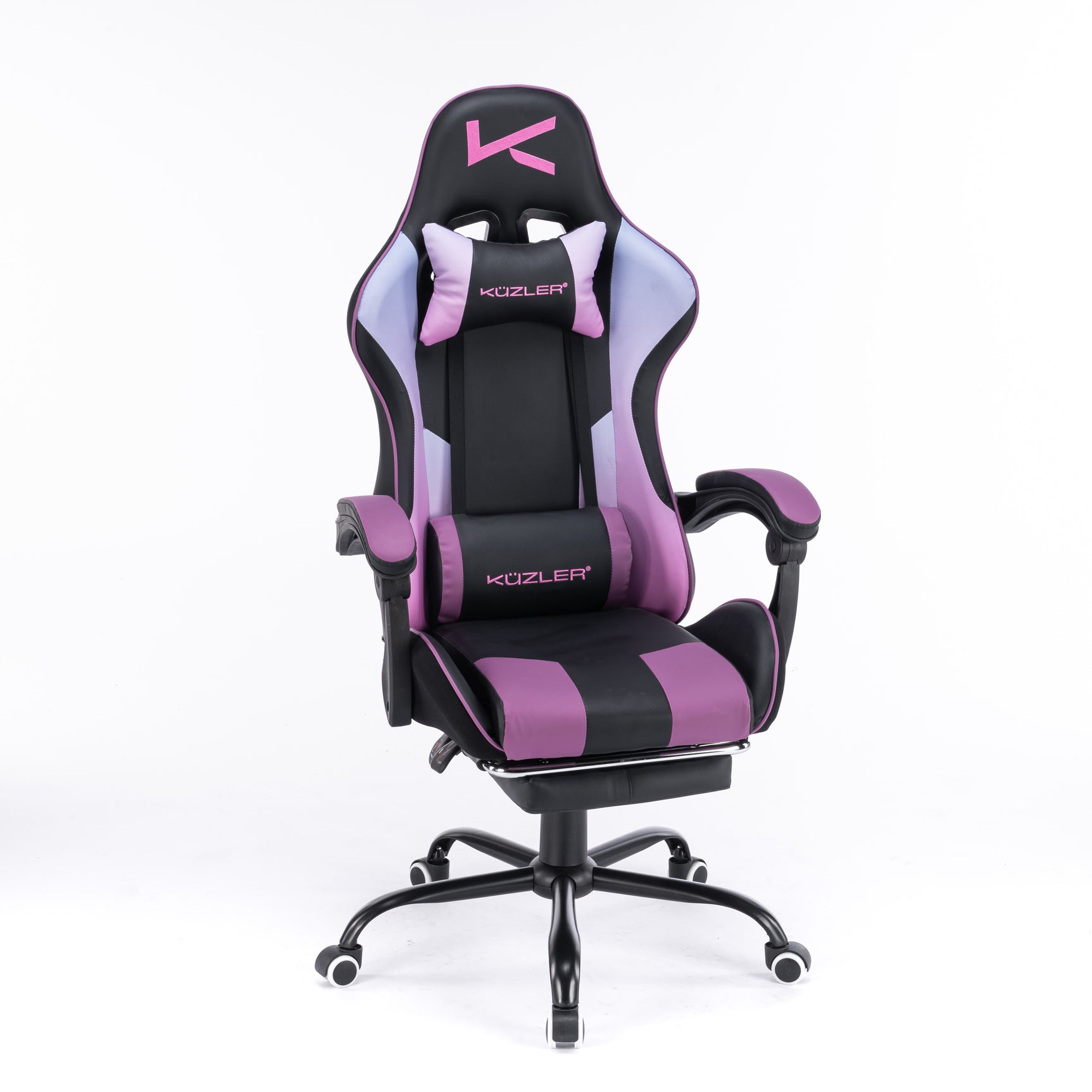 Silla gamer morada con masajeador lumbar, reposapiés y base metálica