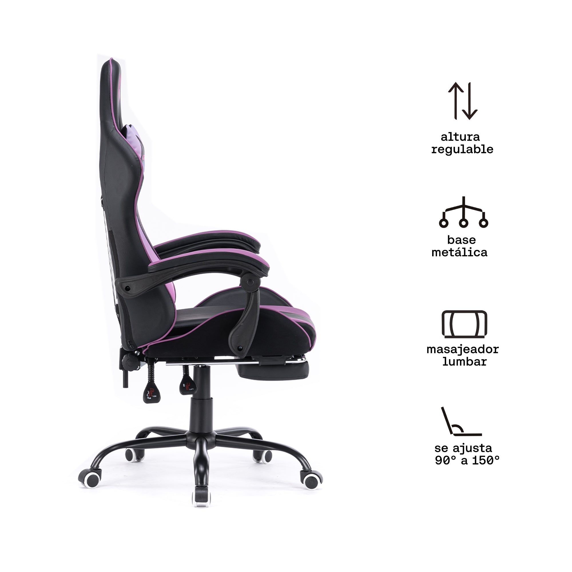 Silla gamer morada con masajeador lumbar, reposapiés y base metálica