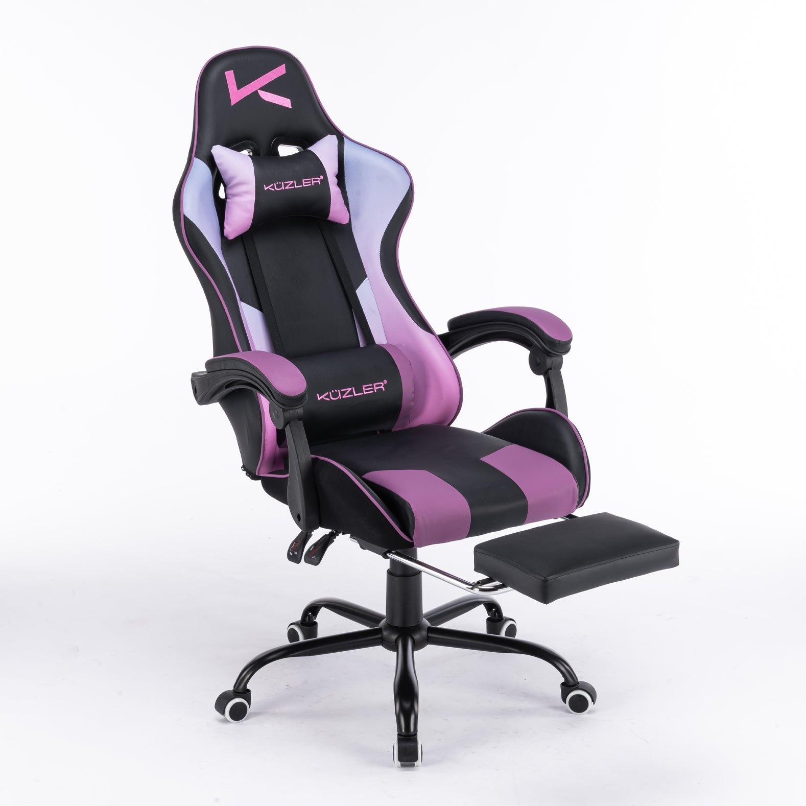 Silla gamer morada con masajeador lumbar, reposapiés y base metálica