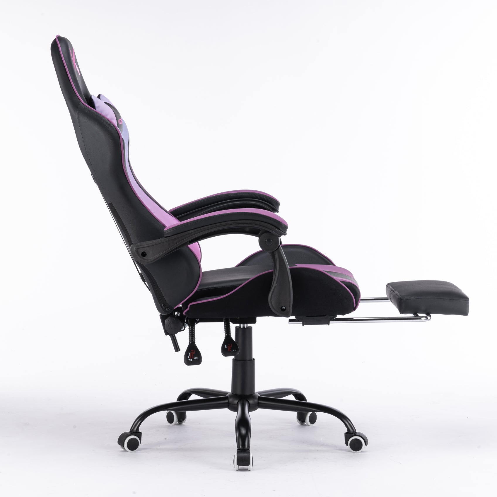 Silla gamer morada con masajeador lumbar, reposapiés y base metálica