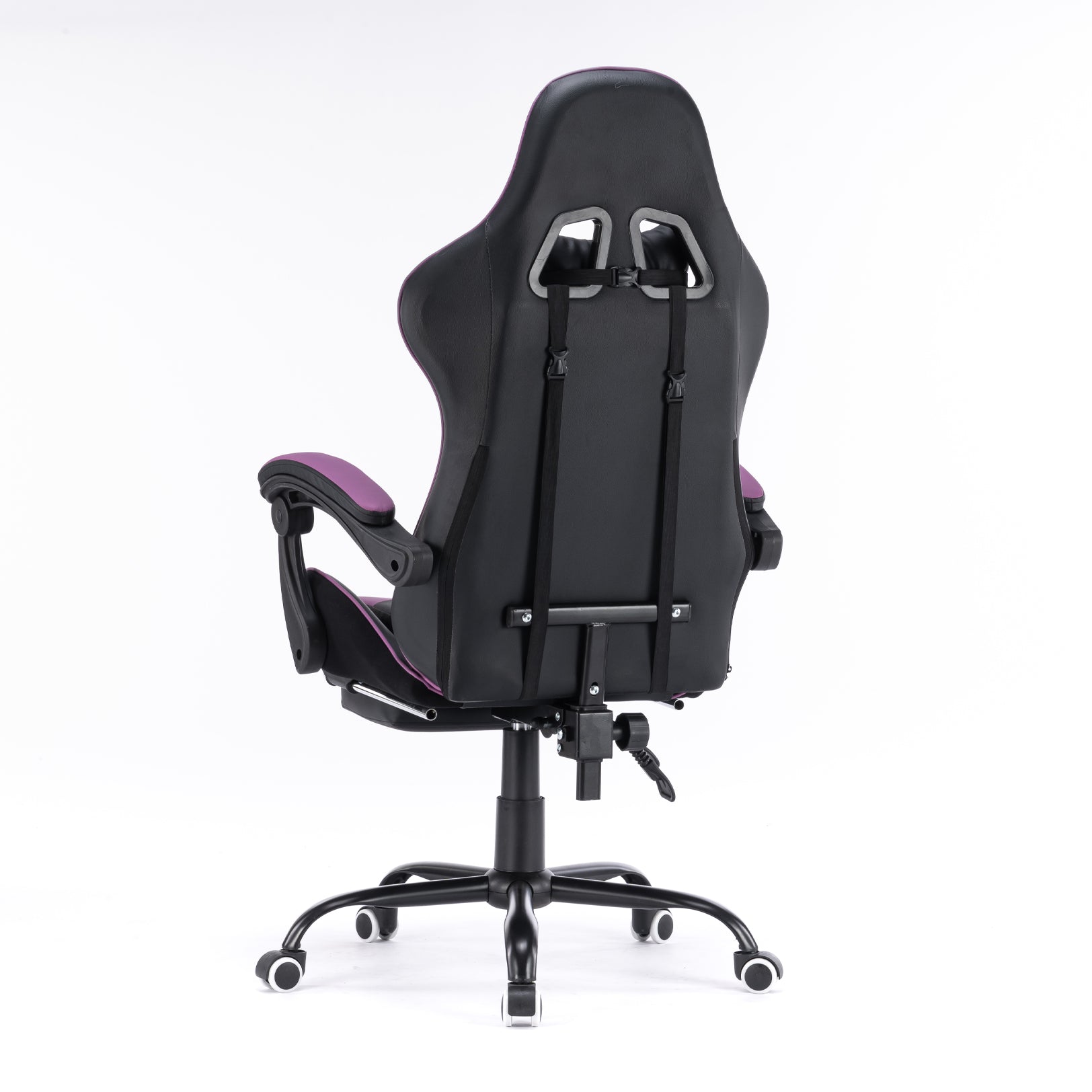 Silla gamer morada con masajeador lumbar, reposapiés y base metálica