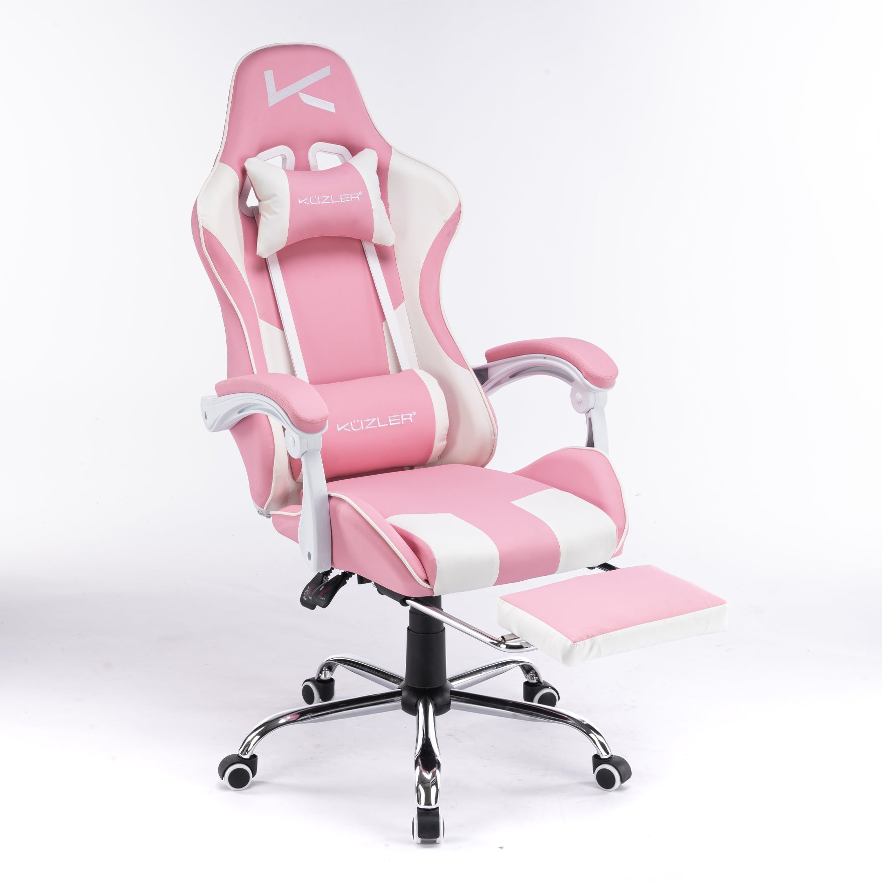 Silla Gamer rosada con masajeador lumbar, reposapiés y base metálica