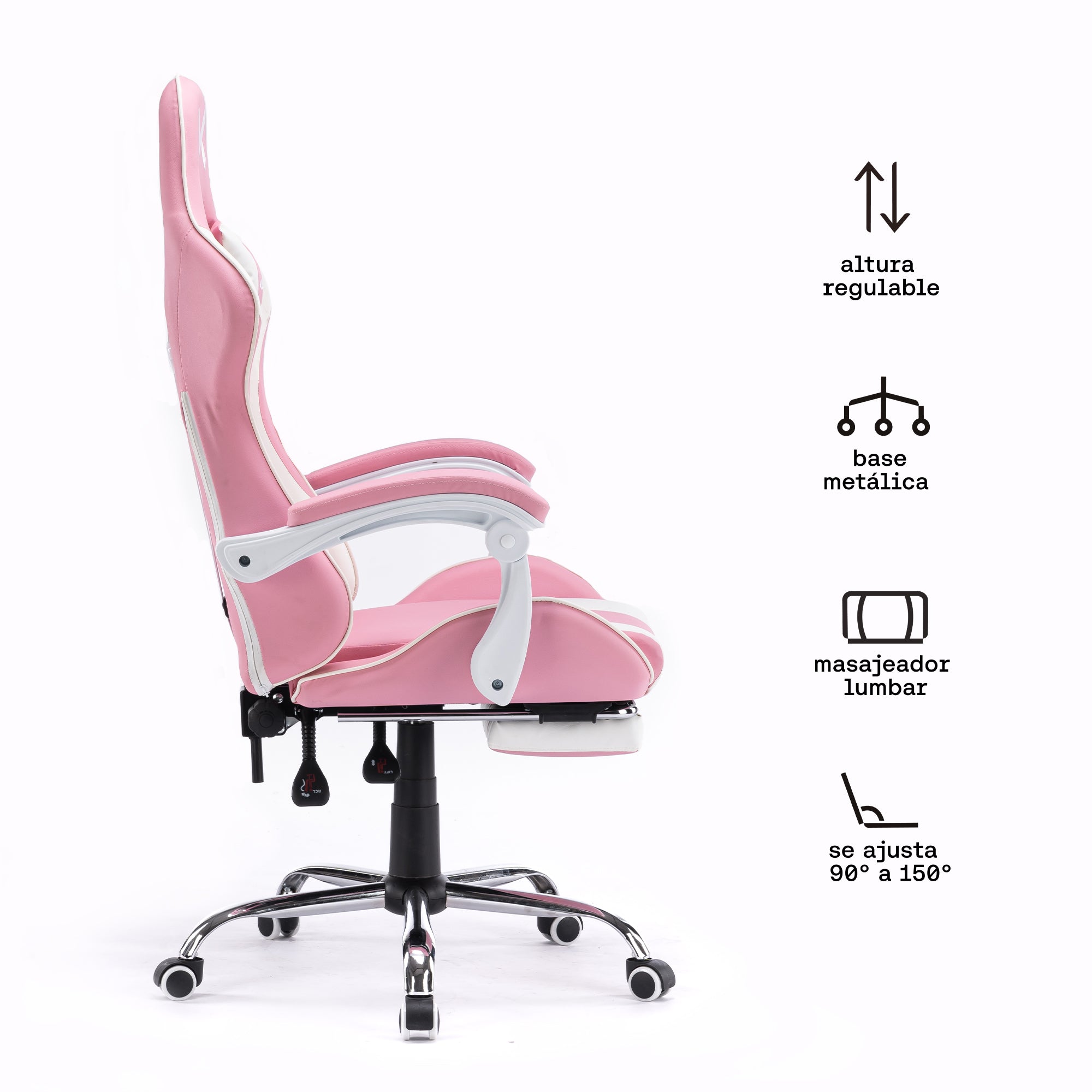 Silla Gamer rosada con masajeador lumbar, reposapiés y base metálica